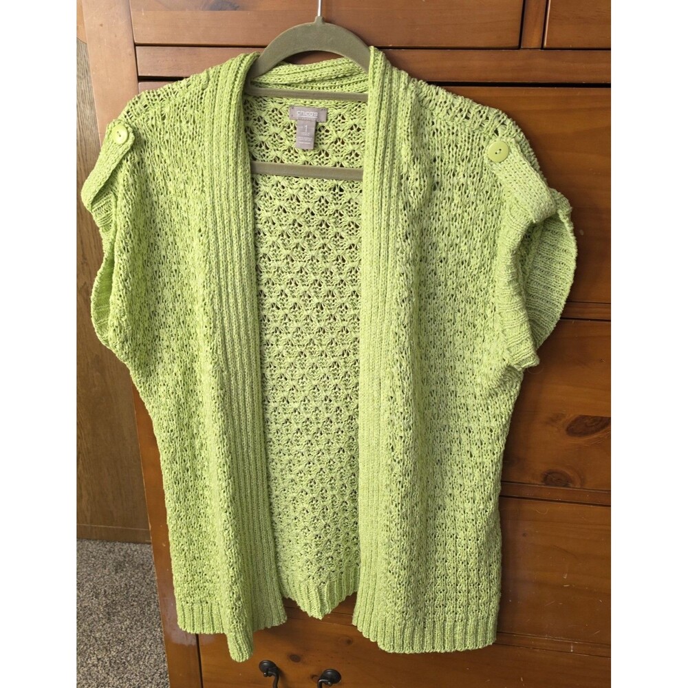 Chico’s Cardigan Size 1 (Medium) Short Sleeve Open Front Lime Green Open Knit - Picture 2 of 8